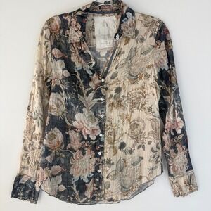 Cino Button Up Shirt Womens Small Blue Beige Floral Crinkle Cotton Roll Tab